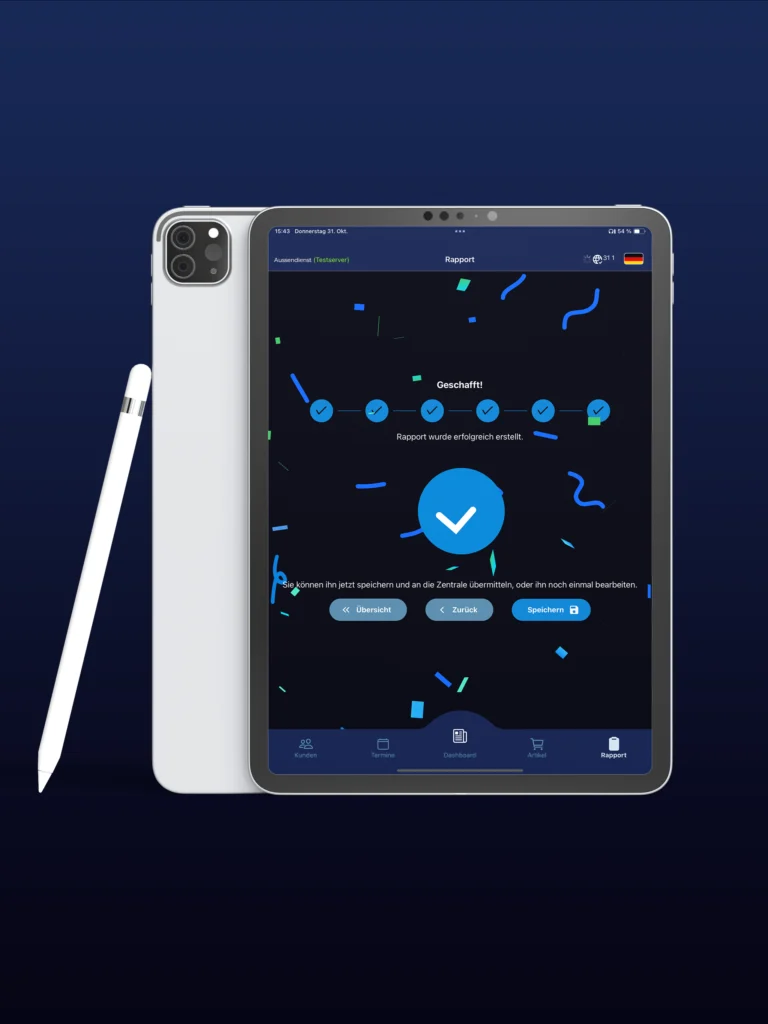 Ein Bild eines fertigen Tageberichts in der Außendienst-App auf einem iPad.