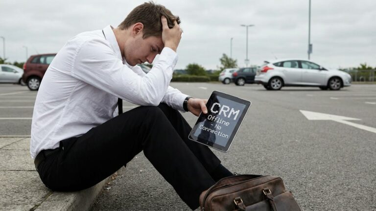 Ein junger Mann, der verzweifelt mit seinem Tablet auf einem Bordstein neben einem Parkplatz sitzt. Das Tablet zeigt "CRM offline - No Connection."