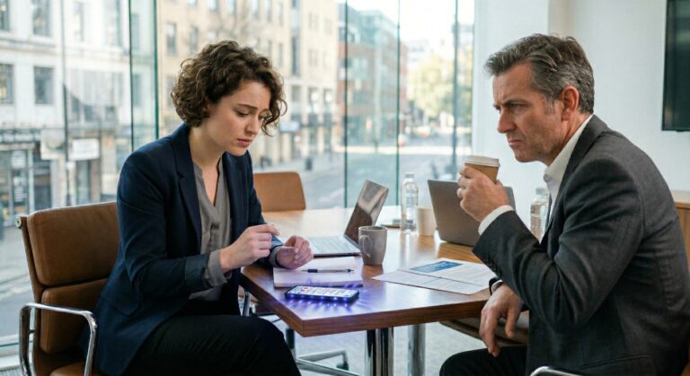 Ein geschäftliches Treffen in einem modernen Konferenzraum mit großen Fenstern und Blick auf eine Stadtstraße. Eine Frau mit lockigen Haaren in einem blauen Blazer blickt besorgt und abgelenkt auf ihr im Teams-Farbton leuchtendes Smartphone auf dem Tisch, das Benachrichtigungen anzeigt. Ihr Geschäftspartner, ein Mann im Anzug, hält einen Kaffeebecher an den Mund und blickt sie mit leicht genervtem oder erwartungsvollem Gesichtsausdruck an. Auf dem Tisch liegen Laptops, Notizblöcke, Stifte und weitere Getränke.