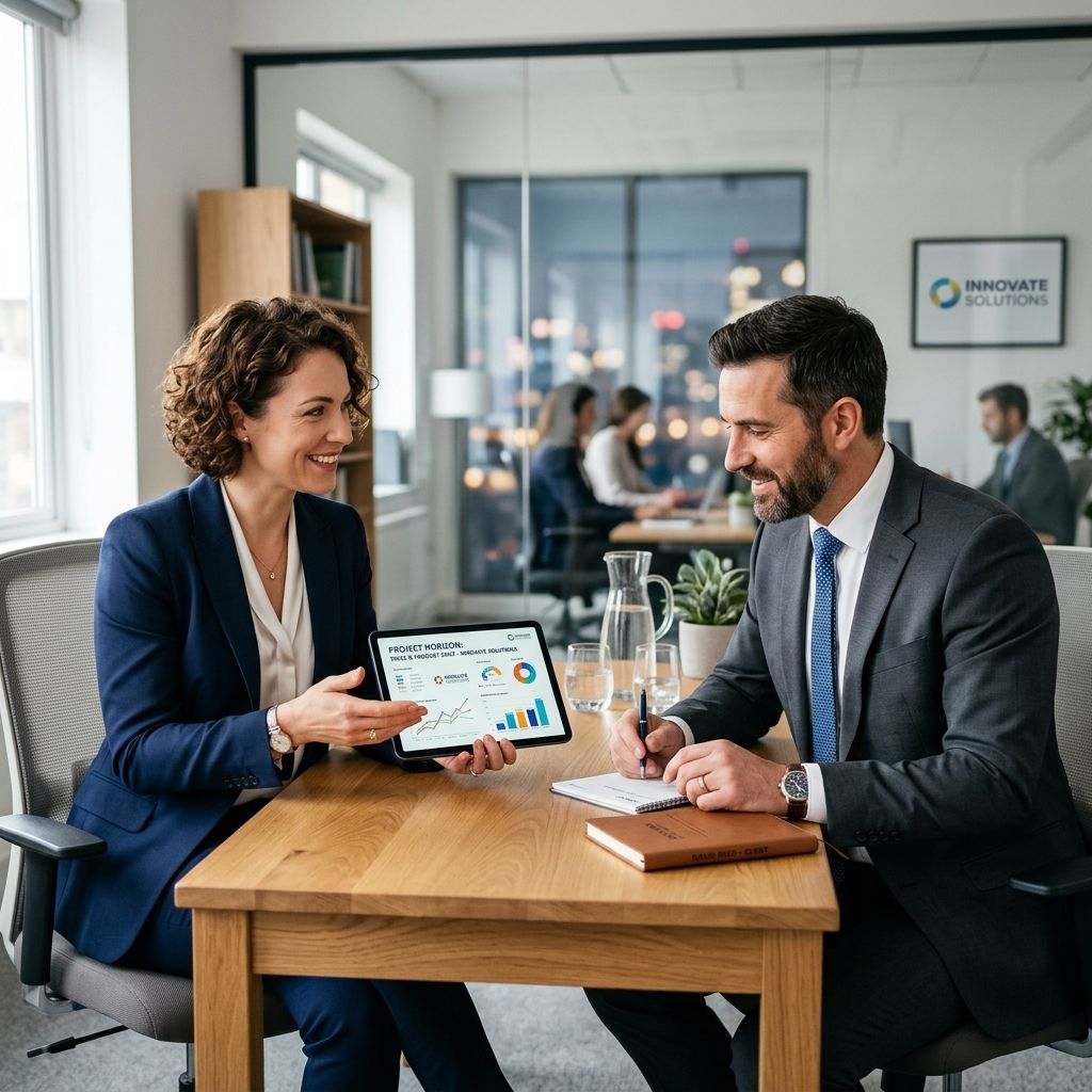 Eine charismatische Verkäuferin zeigt einem potenziellen Kunden auf einem Tablet eine Produktpräsentation. Beide sind makellos in Business-Outfits gekleidet und sitzen an einem Holzschreibtisch.